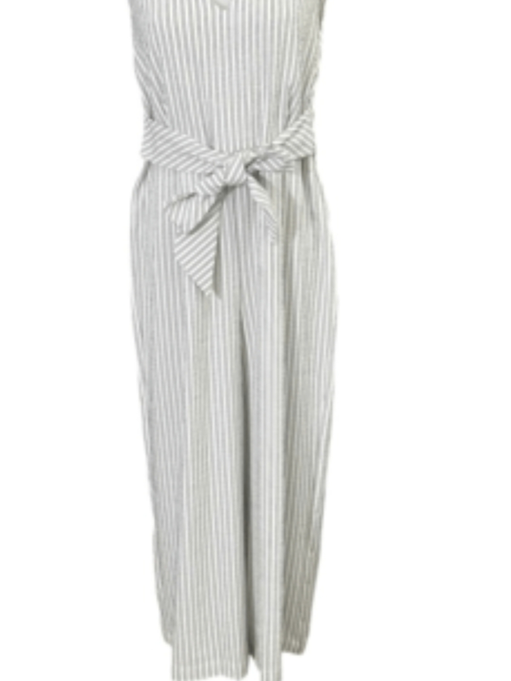 Calvin Klein Striped V-Neck Tie-Waist Cropped Jumpsuit in Beige and White - Picture 8 of 16